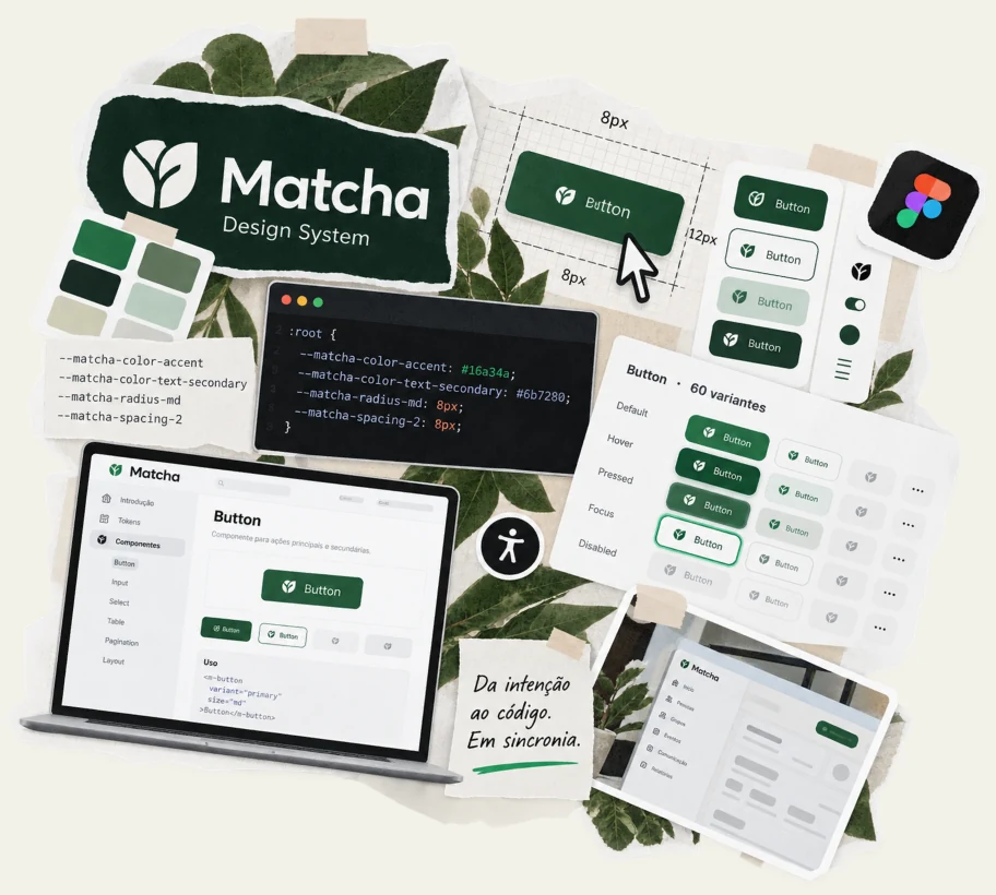 Peças do Matcha Design System: componentes, tokens e documentação